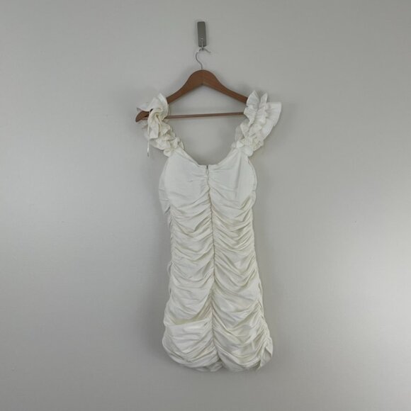 Zara White Linen Blend Ruched Ruffled Tie Front Mini Dress Size Small - Picture 2 of 6